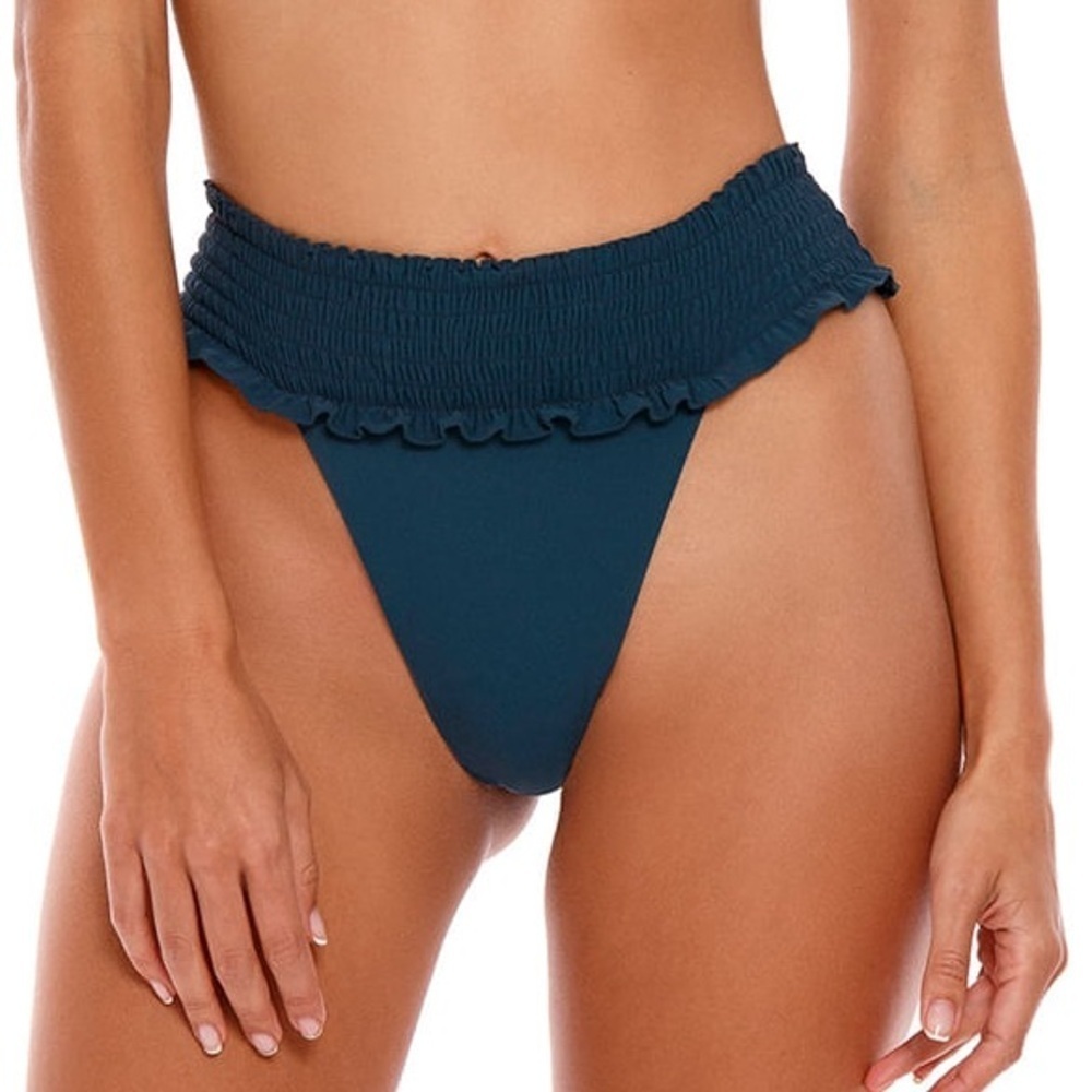 NWT Agua Bendita Tessa Solid Fera Bikini Bottom Smocked Turquoise Size Large
